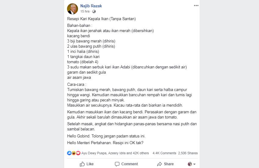 Kongsi Resepi Kari Kepala Ikan Tanpa Santan, Najib Razak 